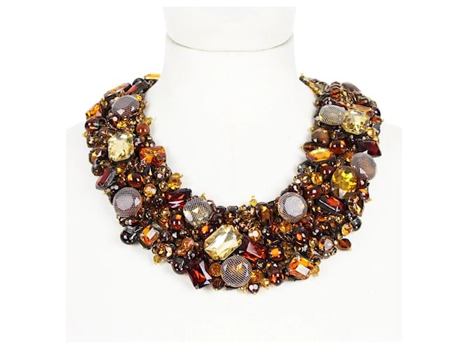Autre Marque Monique Lhuillier Amber Crystal Bejewelled Collar Necklace Brown Metal  ref.1256188