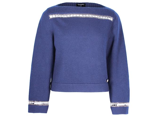 Chanel Chain Trim Boat Neck Sweater in Navy Blue Cashmere Wool  ref.1256198