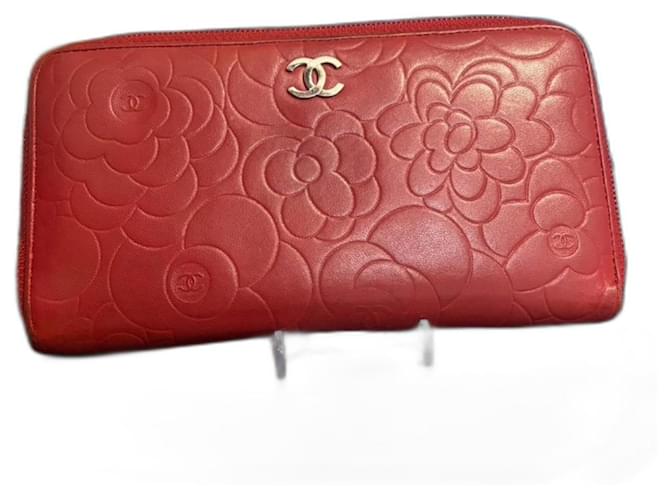 Rote CHANEL Camellia Lange Reißverschluss-Brieftasche Leder  ref.1256383