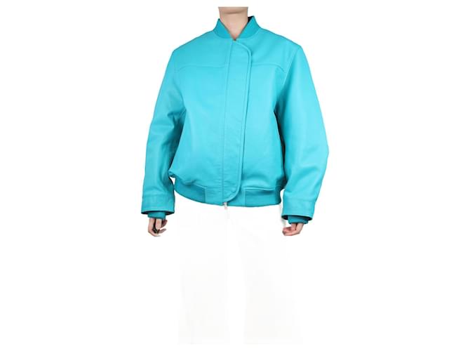 Autre Marque Turquoise leather bomber jacket - size UK 10 Blue  ref.1256416