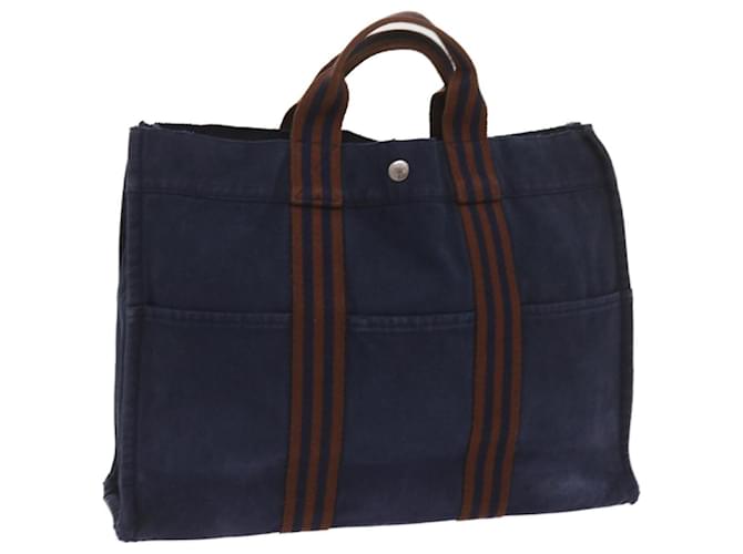Hermès HERMES Fourre Tout MM Hand Bag Canvas Brown Navy Auth 66624 Navy blue Cloth  ref.1256476