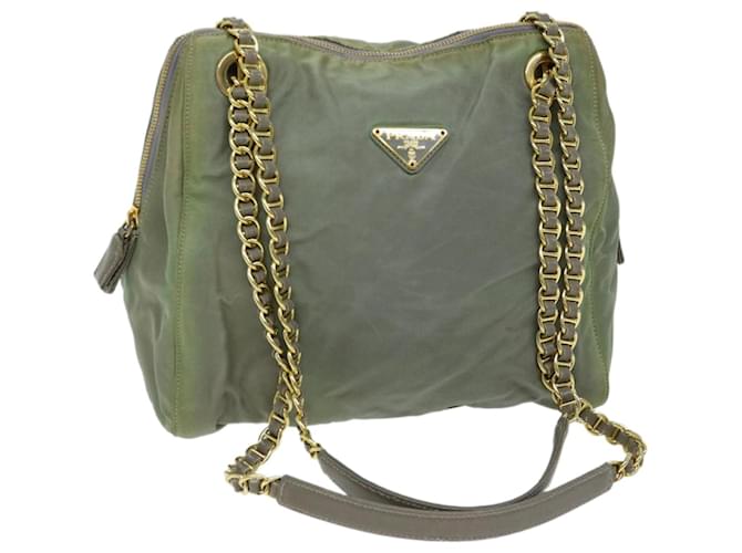 PRADA Chain Shoulder Bag Nylon Khaki Auth 66500  ref.1256551