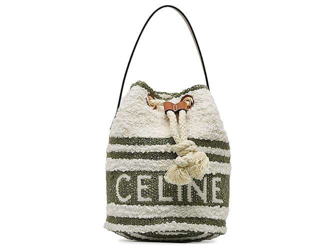 Céline Celine White Teen Plein Soleil Canvas Drawstring Bucket Bag Green Leather Cloth Pony-style calfskin Cloth  ref.1256641