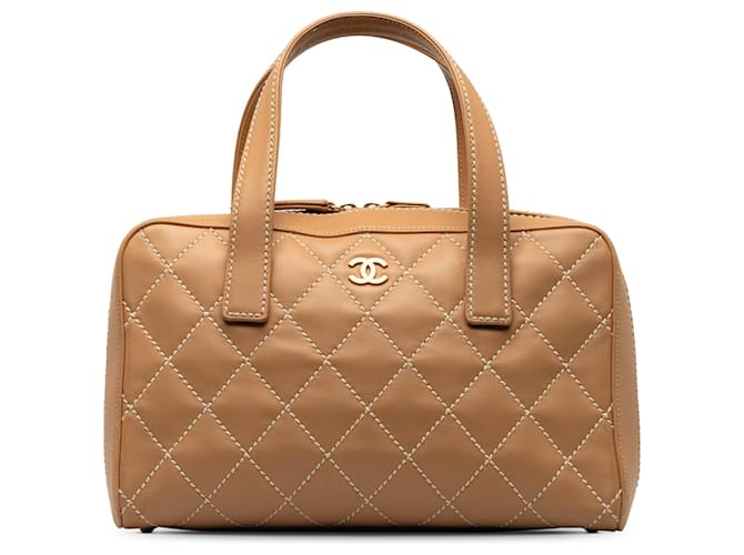 Chanel Brown Wild Stitch Lambskin Handbag Beige Leather  ref.1256680