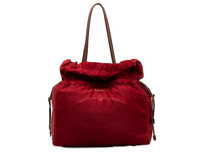 Prada Red Logo Tessuto Drawstring Tote Bag Nylon Cloth  ref.1256711