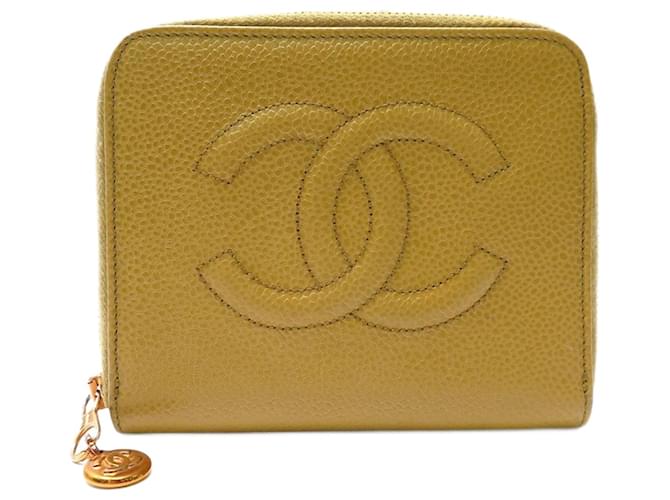 VINTAGE SMALL CHANEL ZIP WALLET CC LOGO LEATHER CARDS CAVIAR WALLET Yellow  ref.1256825