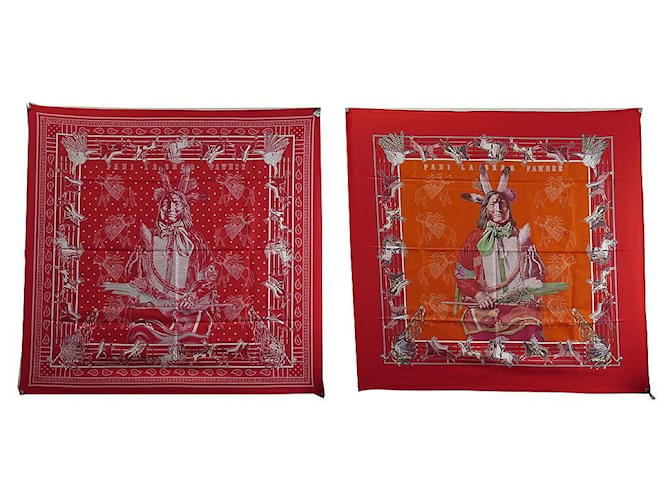 Hermès NOVO LENÇO QUADRADO HERMES PANI LA SHAR PAWNEE INDIAN forrado 90 lenço Vermelho Seda  ref.1256847