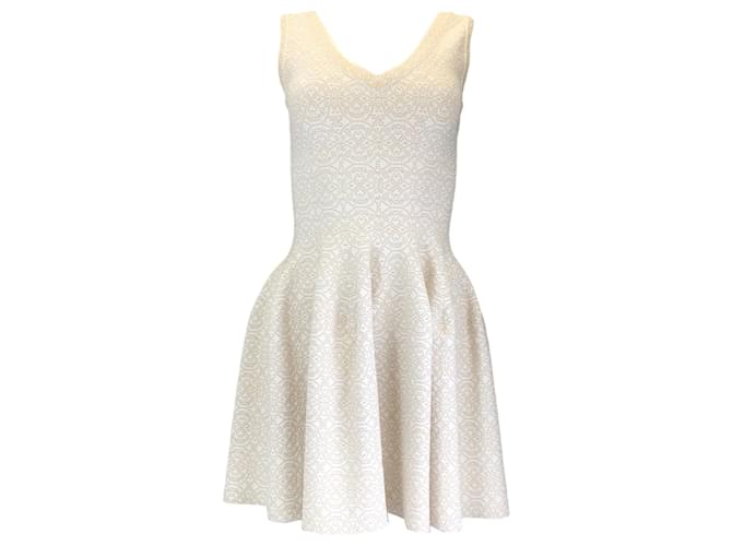 Autre Marque Alaia White / Beige Metallic Sleeveless V-Neck Flared Knit Dress Viscose  ref.1257540