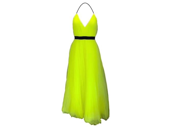 Autre Marque Alice + Olivia Neon Yellow / Black Mesh Tulle Long Halterneck Dress Synthetic  ref.1257555