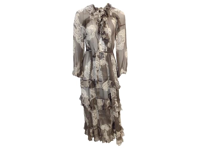 Autre Marque Zimmermann Grey / White Paisley Printed Ruffled Belted Long Sleeved Silk Midi Dress  ref.1257565
