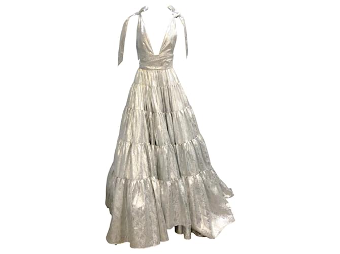 Autre Marque Carolina Herrera Silver Metallic Sleeveless V-Neck Tiered Gown / formal dress Silvery Silk  ref.1257566