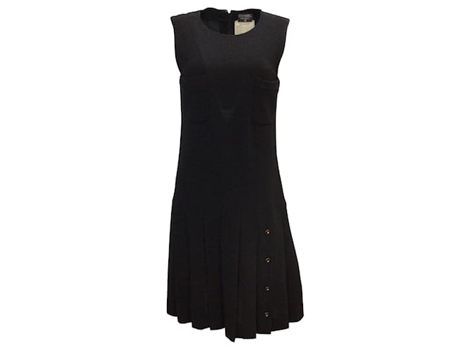 Autre Marque Chanel Boutique Black Vintage Pleated Silk Lined Sleeveless Wool Dress  ref.1257567