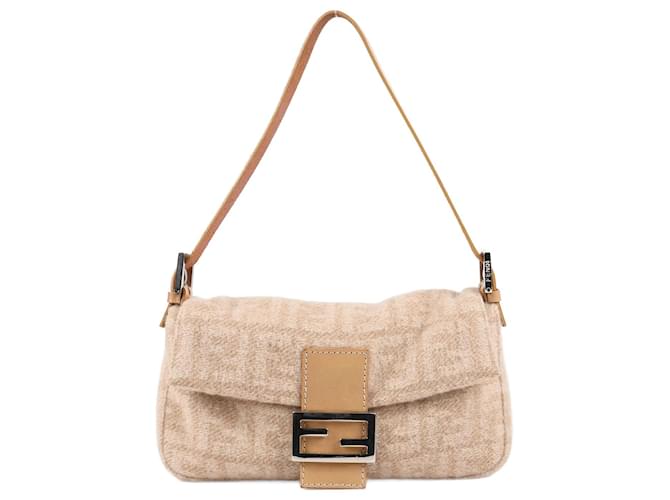 Fendi Beige Zucca Wool/Leather Baguette Shoulder Bag  ref.1257602