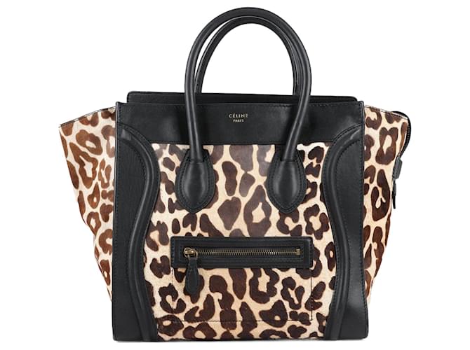 Luggage Céline CELINE Mini bolsa de bagagem em couro preto e estampa de leopardo com cabelo de pônei Bezerro-como bezerro  ref.1257607