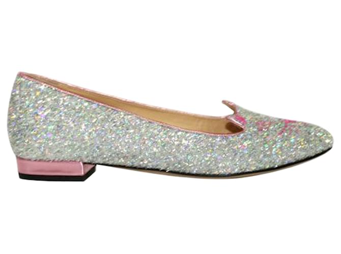 Charlotte Olympia Glitter Kitty Flats Pink Leather  ref.1257740