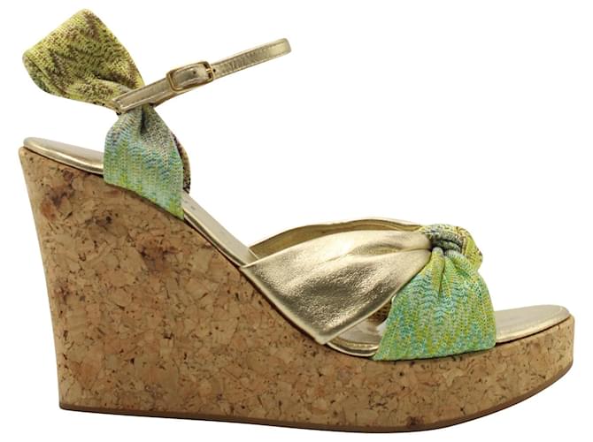 Missoni Platform Wedge Sandals in Green Fabric and Gold Leather Golden  ref.1257749