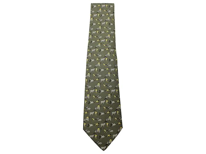Hermès Cravate imprimée Hermes en soie olive Vert  ref.1257849