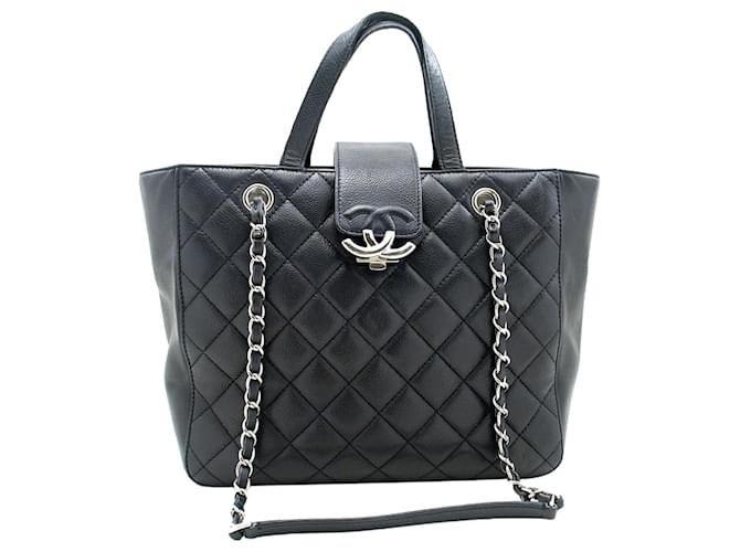 Chanel black 2016 sac cabas matelassé caviar Cuir Noir  ref.1257974