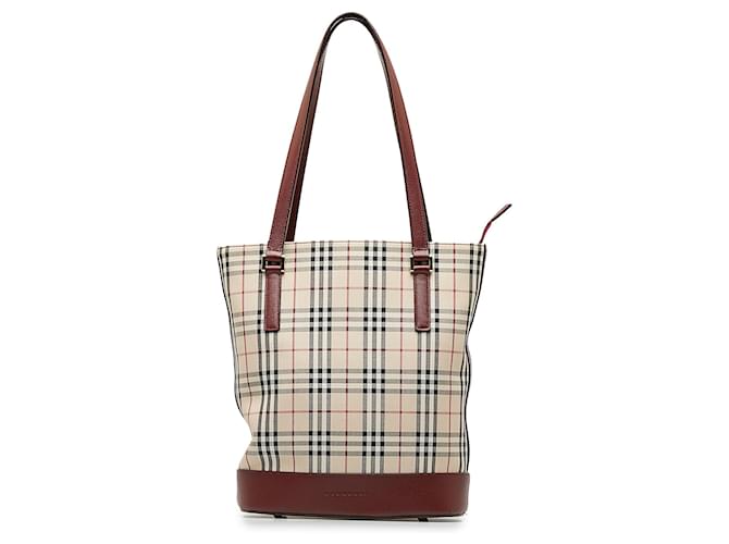 Burberry Brown House Check Tote Bag Red Beige Leather Cloth Pony-style calfskin Cloth  ref.1257999