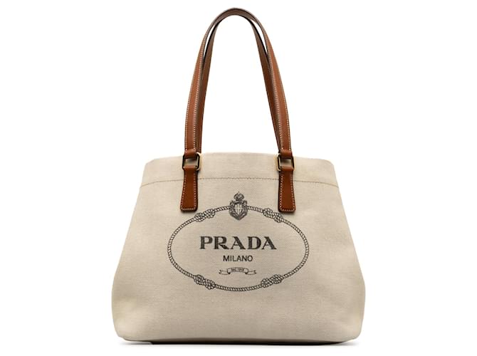 Tote Prada Weiße Einkaufstasche mit Canapa-Logo Leder Leinwand Kalbähnliches Kalb Tuch  ref.1258020