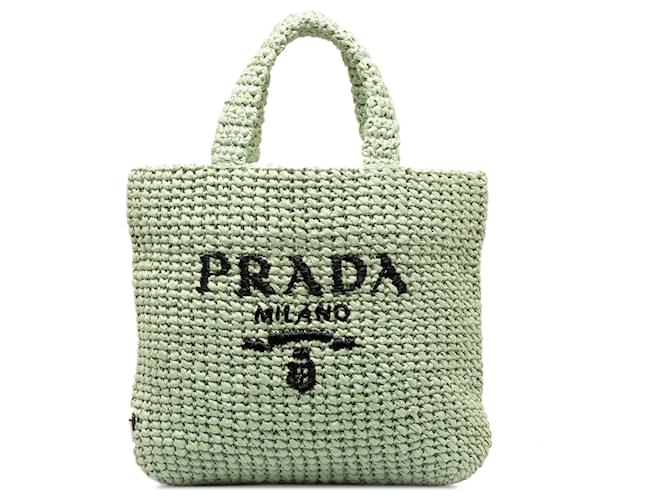 Tote Petit sac cabas vert à logo en raphia Prada  ref.1258031