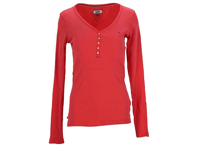 Tommy Hilfiger Womens Ribbed Cotton Henley Top Brown Red  ref.1258098