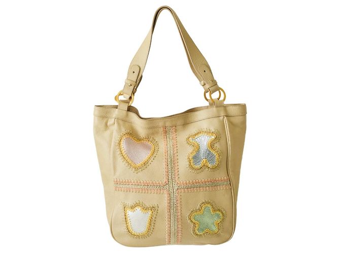 Autre Marque Bolsa tote Tous de couro bege com bordado patchwork de urso