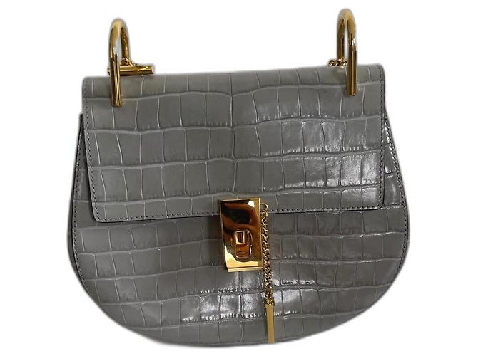 Chloé Drew Bolsa de Ombro Cinza Efeito Croco