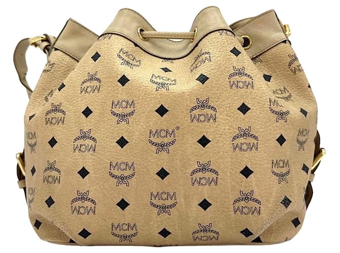 Bolso de hombro MCM Bucket Drawstring Bag marfil Bolso Estampado con Logo Mediano  ref.1260029