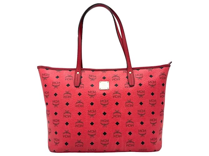 Bolso de compras con cremallera superior MCM, bolso de mano, bolso de mano, color rojo neón rosa medio con logotipo.  ref.1260040