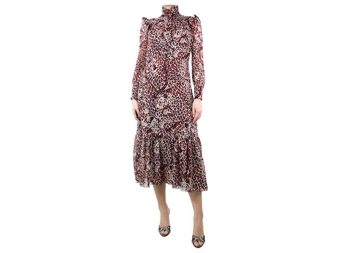 Saint Laurent Red leopard-print ruffle midi dress - size UK 12 Silk  ref.1260112