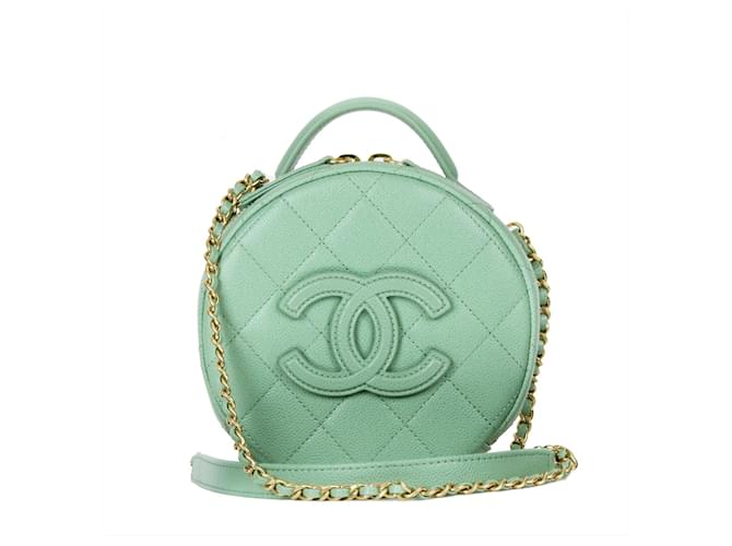 Camera Chanel Caviar Quilted Small Round Vanity Light green Leather  ref.1260156