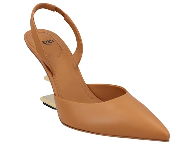 Fendi First - Zapatos destalonados de tacón alto en piel marrón Castaño Beige Cuero Becerro  ref.1260244