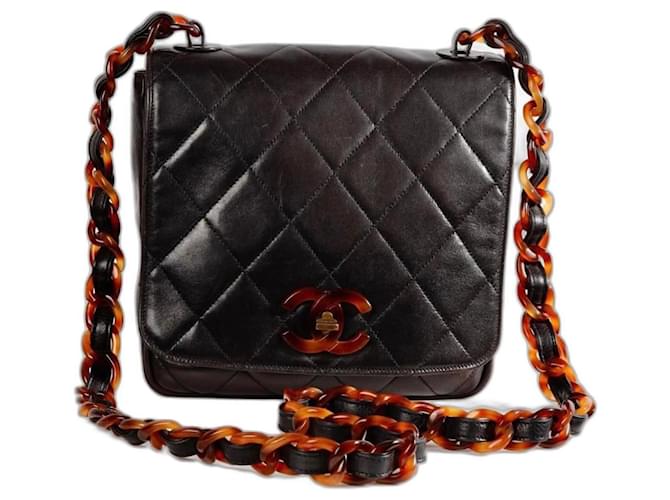 Bolsa clássica de aba quadrada marrom escuro com corrente de tartaruga vintage Chanel 94/96 rara. Castanho escuro Couro  ref.1260292