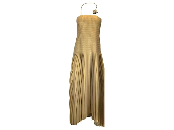 Autre Marque Akris Gold Metallic Pleated Silk Gown / formal dress Golden  ref.1261959