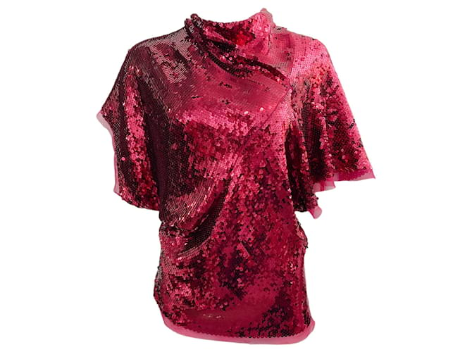 Autre Marque Rick Owens Red Sequin Embellished Asymmetric Top Silk  ref.1261961