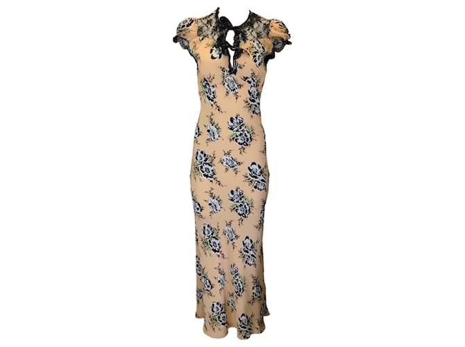 Autre Marque Rodarte Peach / Black Lace Trimmed Floral Printed Silk Maxi Dress Multiple colors  ref.1261963