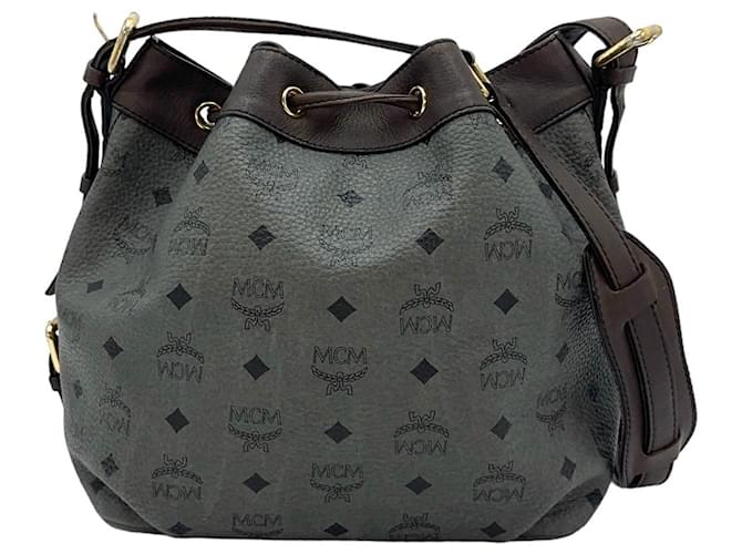 Bolsa de ombro MCM Bucket Drawstring Bag em antracite com estampa de logo, tamanho médio. Cinza antracite  ref.1262780
