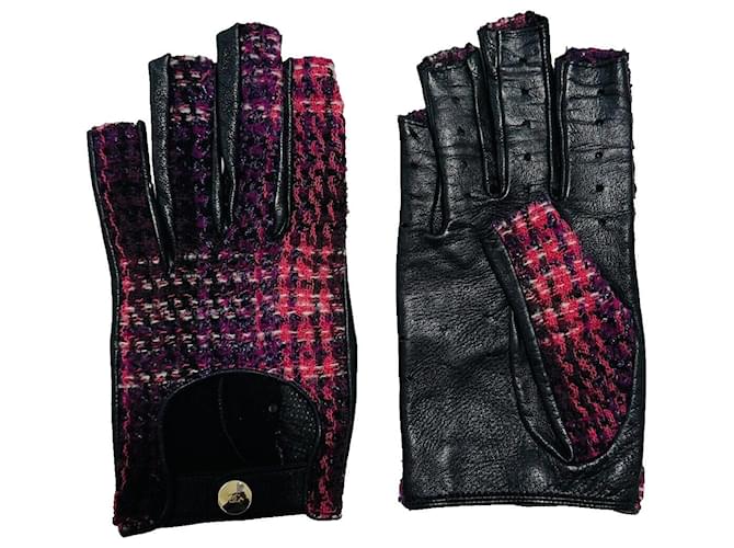 Chanel Leather & Tweed Fingerless Gloves Black Pink White Purple  ref.1262786