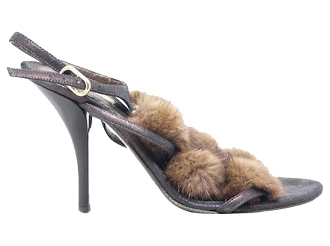 Autre Marque Rabbit Fur Crystal Sandals Brown Leather  ref.1262836