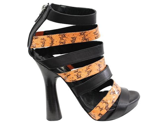 Autre Marque Black Lather Sandals With Orange Patent Python Strapes Leather  ref.1262918