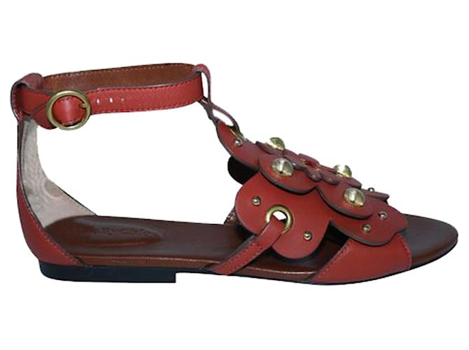 Autre Marque Studded Flat Sandals with Flowers Brown Leather  ref.1263009
