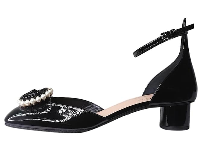 Christian Dior Black patent square toed heels with floral detail - size EU 40 Leather  ref.1263099