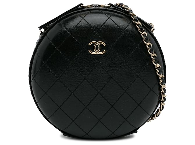 Bandolera redonda Chanel de piel de becerro cosida en negro Cuero  ref.1263137