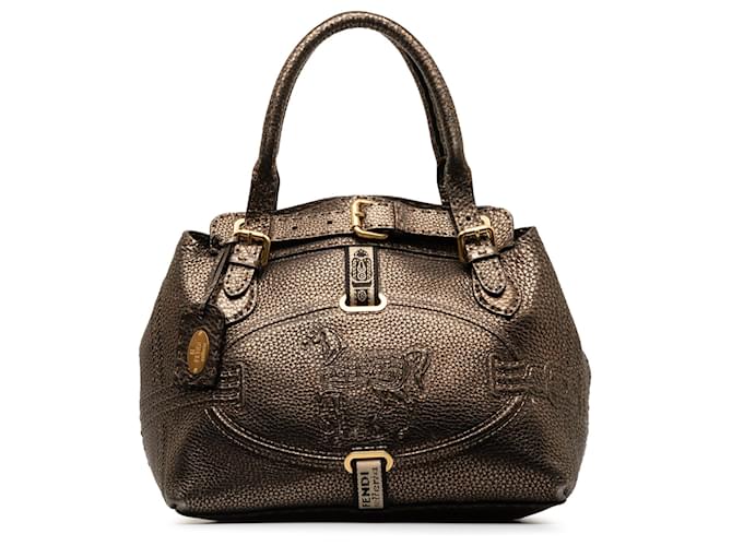 Fendi Brown Selleria Grand Borghese Handbag Bronze Leather Pony-style calfskin  ref.1263182