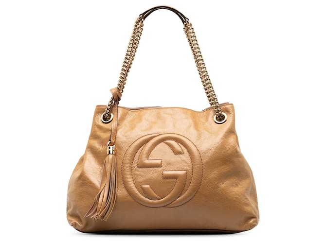 Gucci Brown Medium Patent Soho Chain Tote Beige Leather Patent leather  ref.1263191