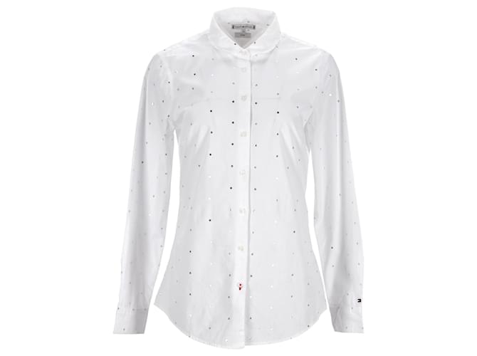 Tommy Hilfiger Camisa feminina com estampa micro quadrada Branco Algodão  ref.1263223