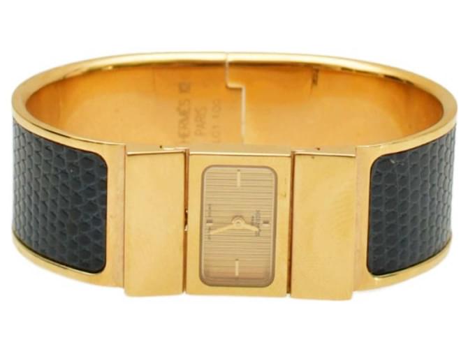 Relógio Hermès Vintage Loquet banhado a ouro com pulseira de couro de lagarto azul L01.201 Circa 2000  ref.1265944