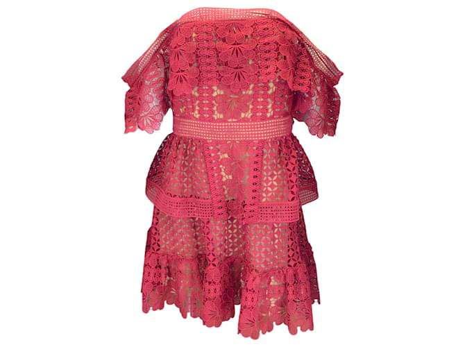 Autre Marque Self-Portrait Red Off-the-Shoulder Tiered Guipure Lace Mini Dress Polyester  ref.1266009
