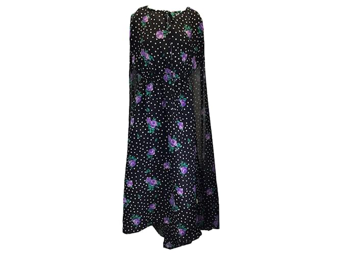 Autre Marque Richard Quinn Black Multi Floral Polka Dot Print Cape Detail Silk Maxi Dress  ref.1266019